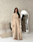 Maya Beige Satin Kaftan With Neck Scarf Dress