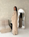 Maya Beige Satin Kaftan With Neck Scarf Dress
