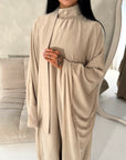 Maya Beige Satin Kaftan With Neck Scarf Dress