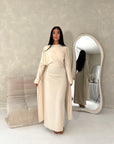 Nari Beige Plain Waist Ruched Sleeve Cape Dress