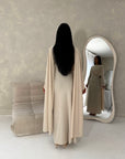 Nari Beige Plain Waist Ruched Sleeve Cape Dress