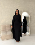 Nari Black Plain Waist Ruched Sleeve Cape Dress