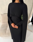 Nari Black Plain Waist Ruched Sleeve Cape Dress