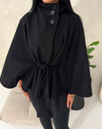 Hala Black High Neck Belted Poncho Coat