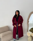 Mona Wine Fur Sleeve Belted Coat