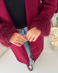 Mona Wine Fur Sleeve Belted Coat