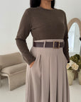 Evera Mocha Soft Rib Top Skirt Belted Dress