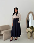 Evera Navy Soft Rib Top Skirt Belted Dress