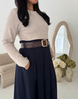 Evera Navy Soft Rib Top Skirt Belted Dress