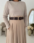 Evera Beige Soft Rib Top Skirt Belted Dress