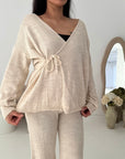 Harper Beige Plain Knitted Wrap Trouser Co Ord