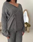 Harper Grey Plain Knitted Wrap Trouser Co Ord