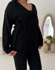 Harper Black Plain Knitted Wrap Trouser Co Ord