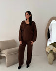 Harper Brown Plain Knitted Wrap Trouser Co Ord