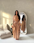 Lina Camel Elegant Shoulder Cape Frill Dress
