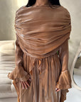 Lina Camel Elegant Shoulder Cape Frill Dress