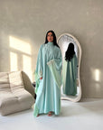 Maya Mint Satin Kaftan With Neck Scarf Dress