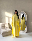Maya Yellow Satin Kaftan With Neck Scarf Dress