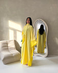 Maya Yellow Satin Kaftan With Neck Scarf Dress