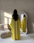 Maya Yellow Satin Kaftan With Neck Scarf Dress