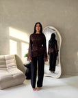 Hayat Brown Satin Tie back Lace Detail Top