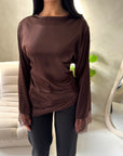 Hayat Brown Satin Tie back Lace Detail Top
