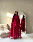 Leta Red Pearl Choker Neck Modest Cape Dress