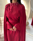 Leta Red Pearl Choker Neck Modest Cape Dress