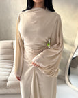 Ines Beige Soft Waist Ruched Lined Modest Dress