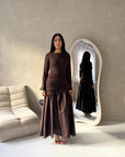 Lyra Brown Waist Ruched Modest Dress