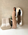 Yasna Mocha Floral Side Drape Tie Back Dress