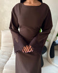 Elara Brown Plain Lace Sleeve Detail Modest Dress