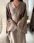 Sala Mocha Lace Detail V Neck Modest Kaftan Dress