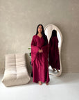 Sala Wine Lace Detail V Neck Modest Kaftan Dress