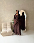 Sala Brown Lace Detail V Neck Modest Kaftan Dress