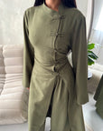 Essa Khaki Mandarin Collar Long Dress Trouser Co Ord Set