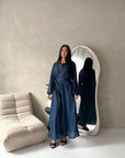 Mara Navy Stripe Balloon Sleeve Wrap Dress