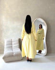 Areezo Yellow Pleated Belted Buckle V Neck Collar Dress