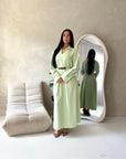 Areezo Mint Pleated Belted Buckle V Neck Collar Dress