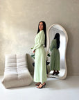 Areezo Mint Pleated Belted Buckle V Neck Collar Dress