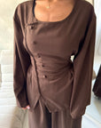 Nasra Brown Button Detail Top & Skirt Co Ord Set
