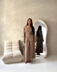 Nasra Mocha Button Detail Top & Skirt Co Ord Set