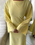 Elara Yellow Plain Lace Sleeve Detail Modest Dress