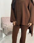 Mia Chocolate Cardigan Knitted Co ord Set With Attached Scarf
