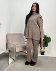 Mia Mocha Cardigan Knitted Co ord Set With Attached Scarf