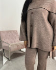 Mia Mocha Cardigan Knitted Co ord Set With Attached Scarf