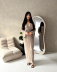 Disha Mocha Summer Linen V-Neck Tie Dress