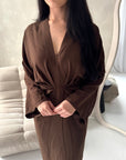 Disha Chocolate Summer Linen V-Neck Tie Dress