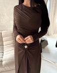 Alayna Chocolate Soft Gold Buckle Modest Dress
