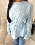Numa Blue Summer Embroidery Asymmetrical Top